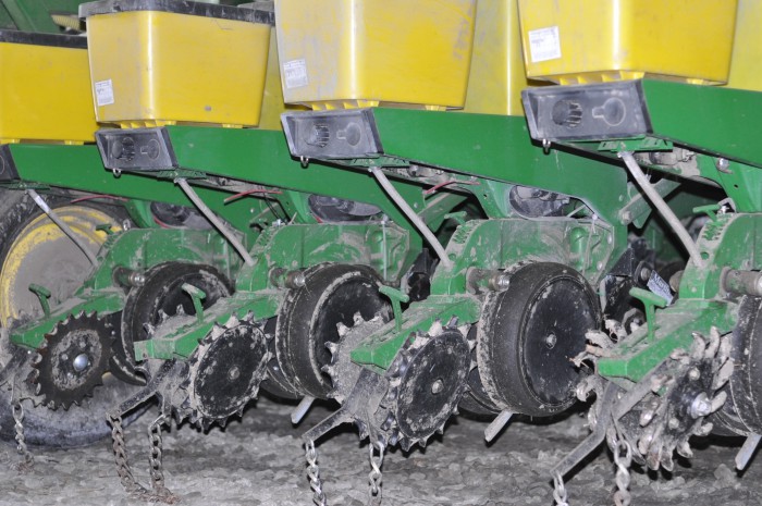 WHEELS OF FORTUNE. This year, Bland experimented with a variety of different closing wheels on his 24-row John Deere planter to determine the best fit for planting in wetter clay soils. Some performed better than others closing the strip, but Bland says he’s still not sure which is the right one for his fields.